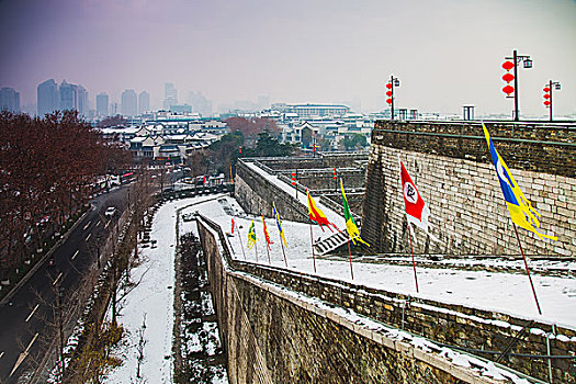 南京中华门城堡上的早霞与残雪