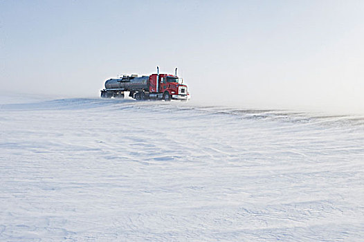 油罐车,途中,遮盖,吹,雪,靠近,莫理斯,曼尼托巴,加拿大