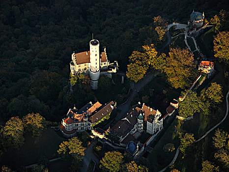 航拍,城堡,利希滕斯坦,巴登符腾堡,德国,欧洲