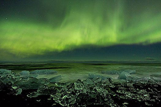 冰岛,杰古沙龙湖,北极光,海洋,岸边,年轻,画廊