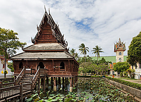 寺院,图书馆,木质,庙宇,莲花池,泰国,亚洲