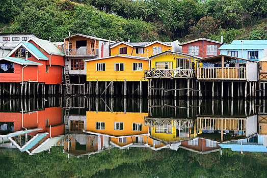 彩色,房子,堆,住所,倒影,岛屿,奇洛埃,智利,南美