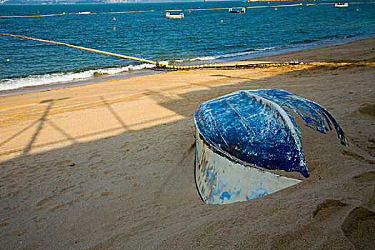 蓝色,朝上的,船,遮盖,沙子,休息,海滩,荫凉