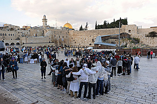 跳舞,圆,前院,哭墙,墙壁,阿拉伯,区域,老,城镇,耶路撒冷,以色列,中东,中亚