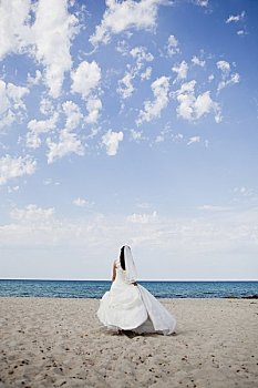 新娘,走,海滩