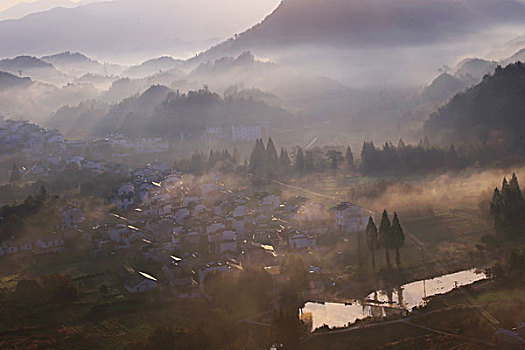 安徽,燕山,农村,早晨,云海,雾,村庄,阳光,水,树