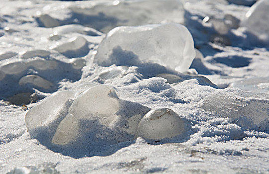 雪地上晶莹剔透的冰块