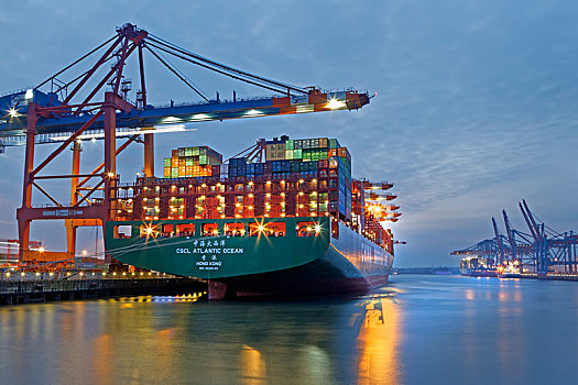 集装箱船,夜晚,港口,汉堡市,集装箱码头,德国,欧洲
