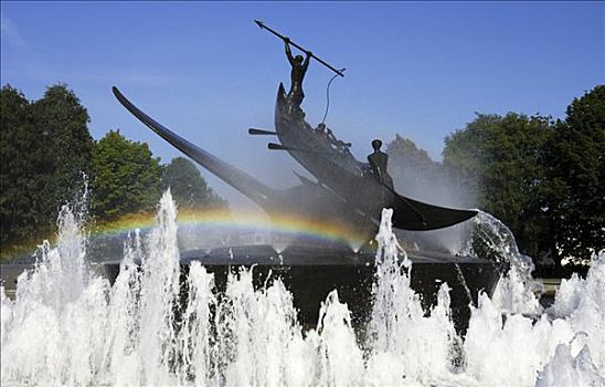 彩虹,上方,捕鲸,纪念建筑,围绕,喷泉,挪威,雕刻师,斯堪的纳维亚