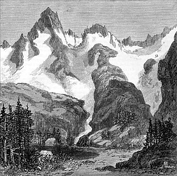 急促,溪流,冰河,东方,斜坡,内华达山脉,加利福尼亚,美国,1875年,艺术家,未知