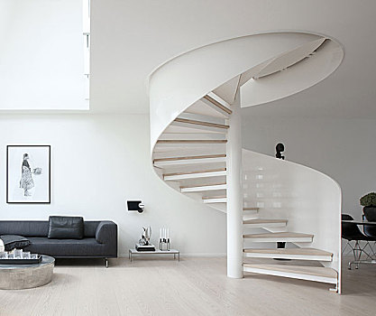 现代,公寓,哥本哈根,白色,墙壁,木地板,艺术,简约,风格,螺旋,楼梯