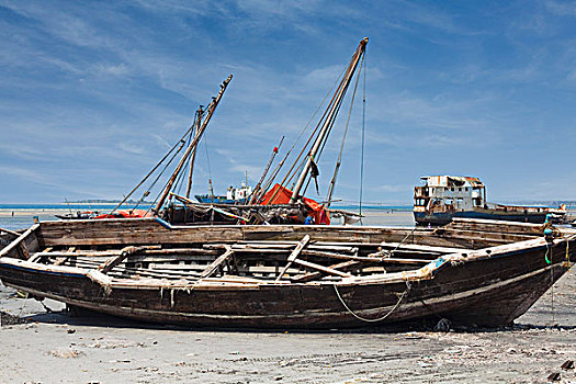 渔船,退潮,石头城,桑给巴尔岛,坦桑尼亚