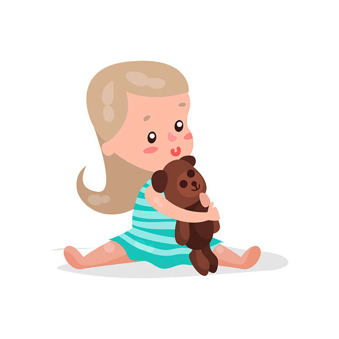 可爱,金发,小女孩,坐,地面,搂抱,泰迪熊,卡通,矢量,插画,白色背景