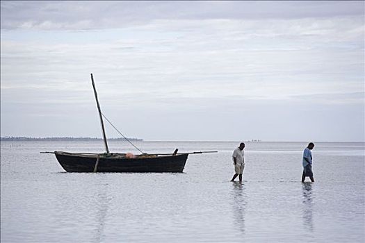 捕鱼者,涉水,岸边,卸载,抓住,艾博岛,局部,群岛,莫桑比克