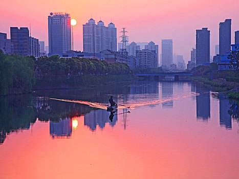 宁波,北斗河,城市,夕阳,小区,楼房,水面