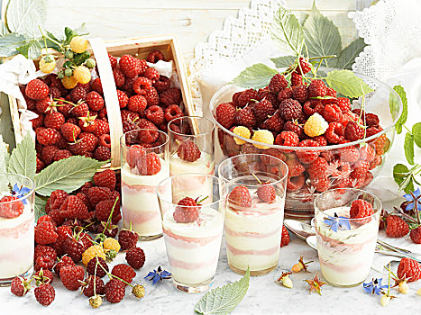 新鲜,树莓,香草冰淇淋,玻璃