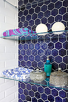 沐浴用品,摩洛哥,玻璃,架子,蓝色,蜂窝状,砖瓦