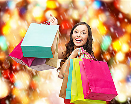 销售,礼物,圣诞节,圣诞,概念,微笑,女人,红裙,彩色,购物袋