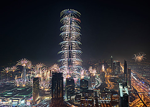 城市,迪拜,阿联酋,夜晚,烟花,光亮,摩天大楼