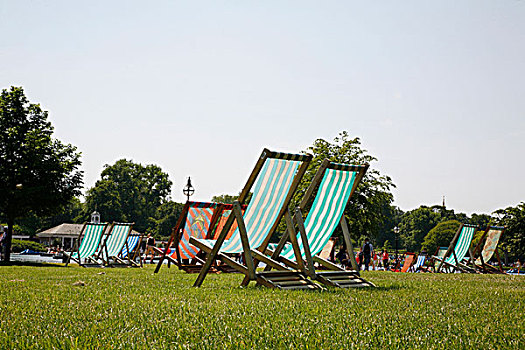 折叠躺椅,室外,正面,蜿蜒,湖,海德公园,伦敦,英国