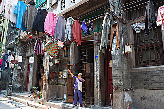 老人,升起,洗衣服,正面,房子,广州,中国