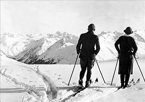 历史,照片,伴侣,滑雪,全景,阿尔卑斯山