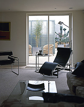 现代,起居室,地面,皮革,躺椅,沙发,茶几,玻璃滑动门,室外,屋顶,内庭