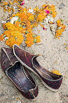 靠近,一对,鞋,斋沙默尔,拉贾斯坦邦,印度