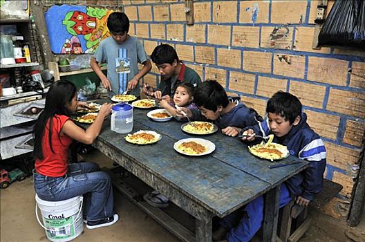 孩子,青少年,午餐,贫民窟,区域,计划,玻利维亚,南美
