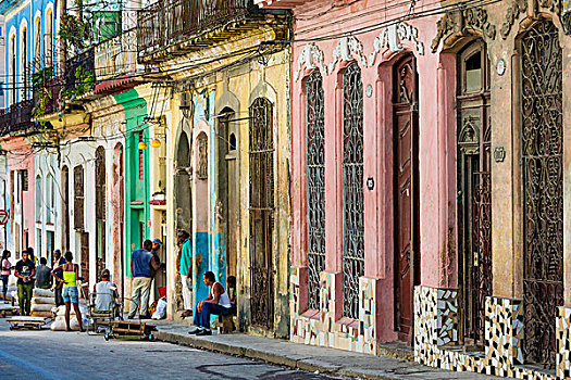 人,休闲,街上,正面,彩色,建筑,哈瓦那,古巴