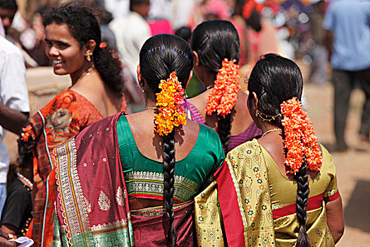 女人,花,毛发,节日,南,印度南部,印度,南亚,亚洲