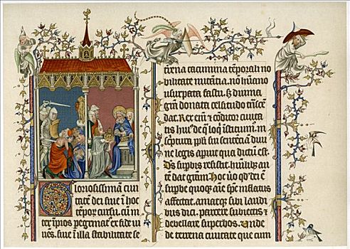 两个,圣经,场景,迟,14世纪
