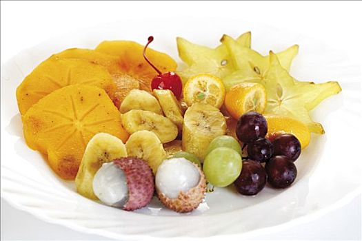 盘子,水果,杨桃,阳桃,柿子,金橘,荔枝,香蕉,葡萄