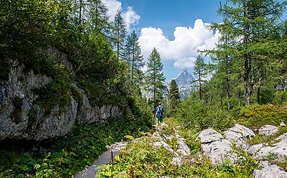 远足,徒步旅行,后面,瓦茨曼山,国家公园,贝希特斯加登地区,上巴伐利亚,巴伐利亚,德国,欧洲