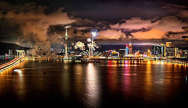 澳门,海面,夜景,灯光,大桥,烟花