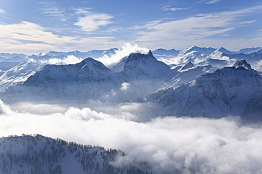 山峦,阿尔卑斯山中部,遮盖,雾,奥地利,俯视图