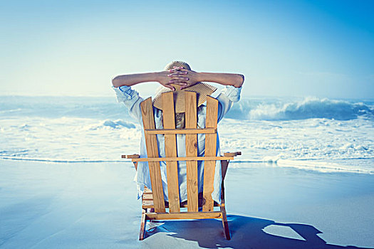 女人,放松,折叠躺椅,海洋