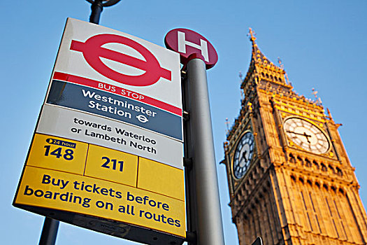 英格兰,伦敦,威斯敏斯特,大本钟,公交车站,标识