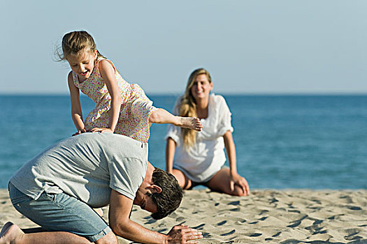 女孩,玩,父亲,海滩