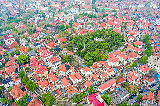 航拍山东青岛市南区城市红瓦绿树风光美景