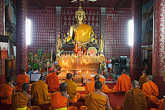 老挝,琅勃拉邦,寺院,电话,僧侣,祈祷