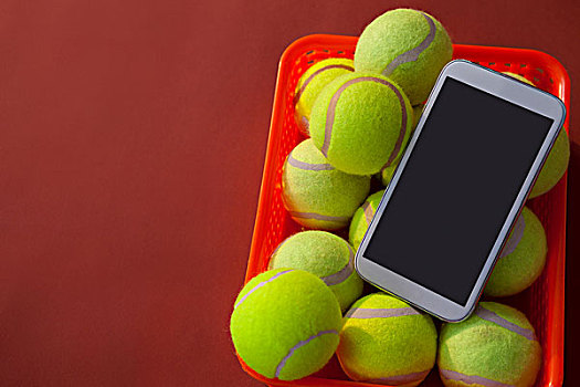 俯拍,手机,网球,篮子,栗色,背景
