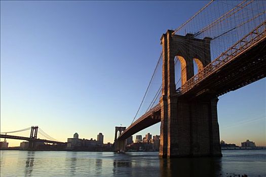 美国,纽约,曼哈顿,布鲁克林大桥,东河,蓝天
