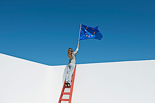 职业女性,站立,上面,梯子,拿着,欧盟盟旗