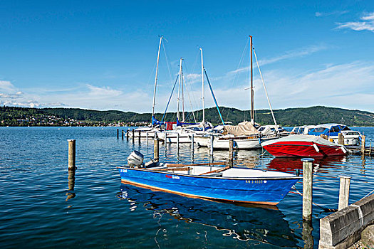蓝色,摩托艇,停泊,码头,康士坦茨湖,巴登符腾堡,德国,欧洲