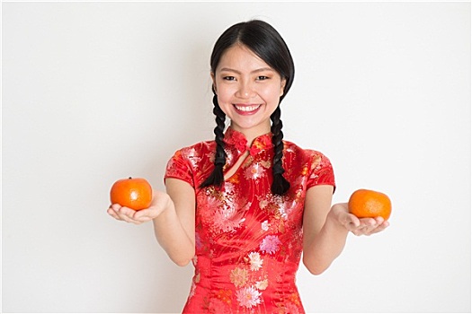 亚洲人,中国人,女孩,拿着,柑橘