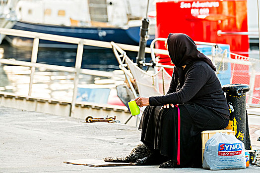 女人,请求,黑色,长袍,港口,哈尼亚,贫穷,欧洲,克里特岛,希腊