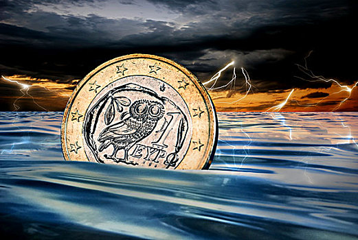 希腊,1欧元,硬币,沉没,海中,雷暴