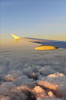 翼,飞机,汉莎航空公司,空中客车,高处,云,日出