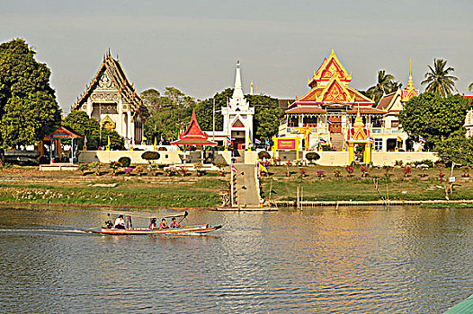 舢板,河,寺院,大城府,泰国
